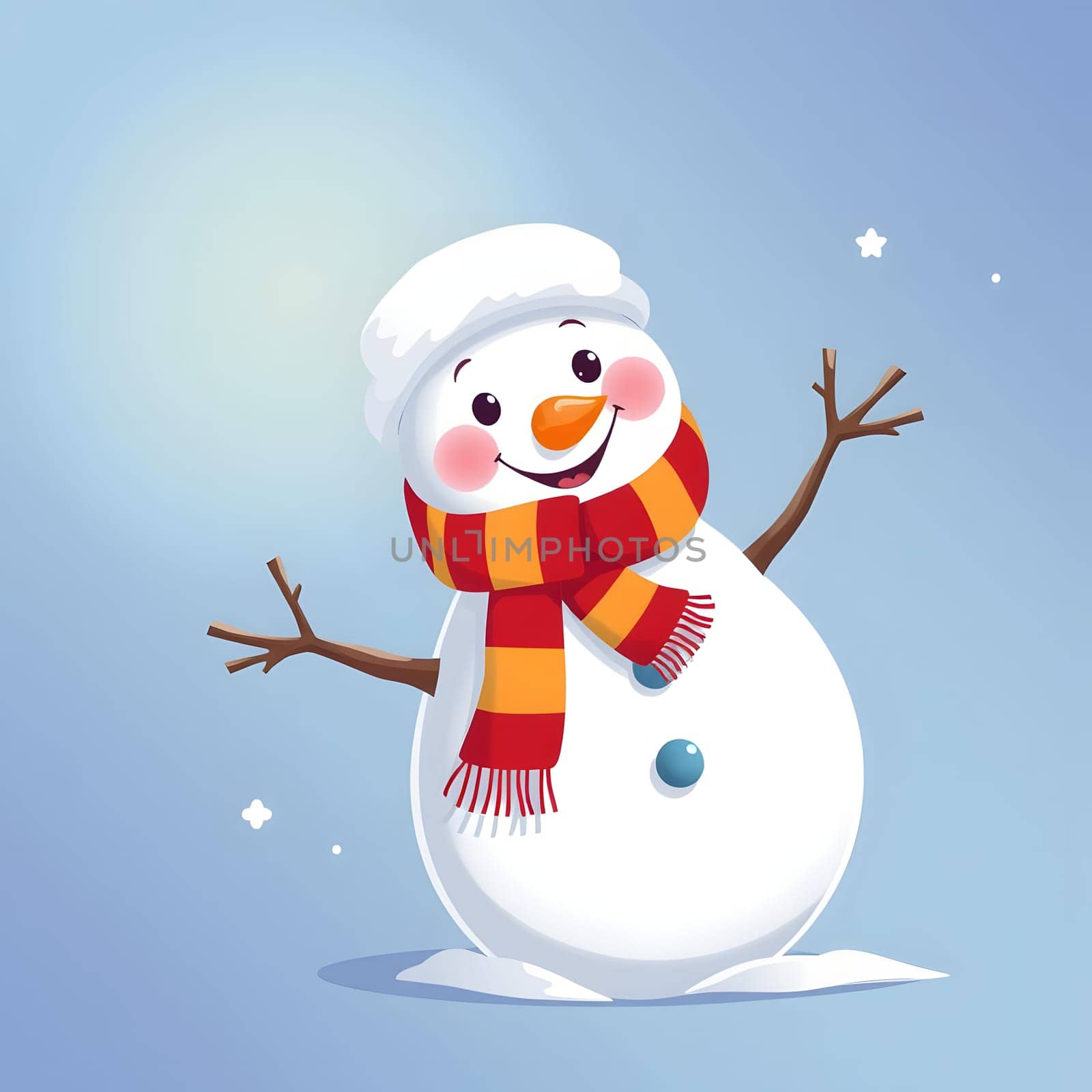 A joyful snowman stands against a blue sky, adorned with a red and yellow striped scarf and a hat, arms outstretched as if welcoming winter festivities.