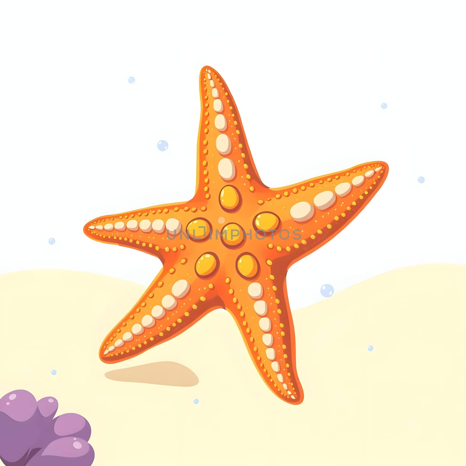 A vibrant orange starfish rests on the sandy ocean floor, surrounded by bubbles and a striking purple coral formation. The scene captures marine life in a lively underwater environment.
