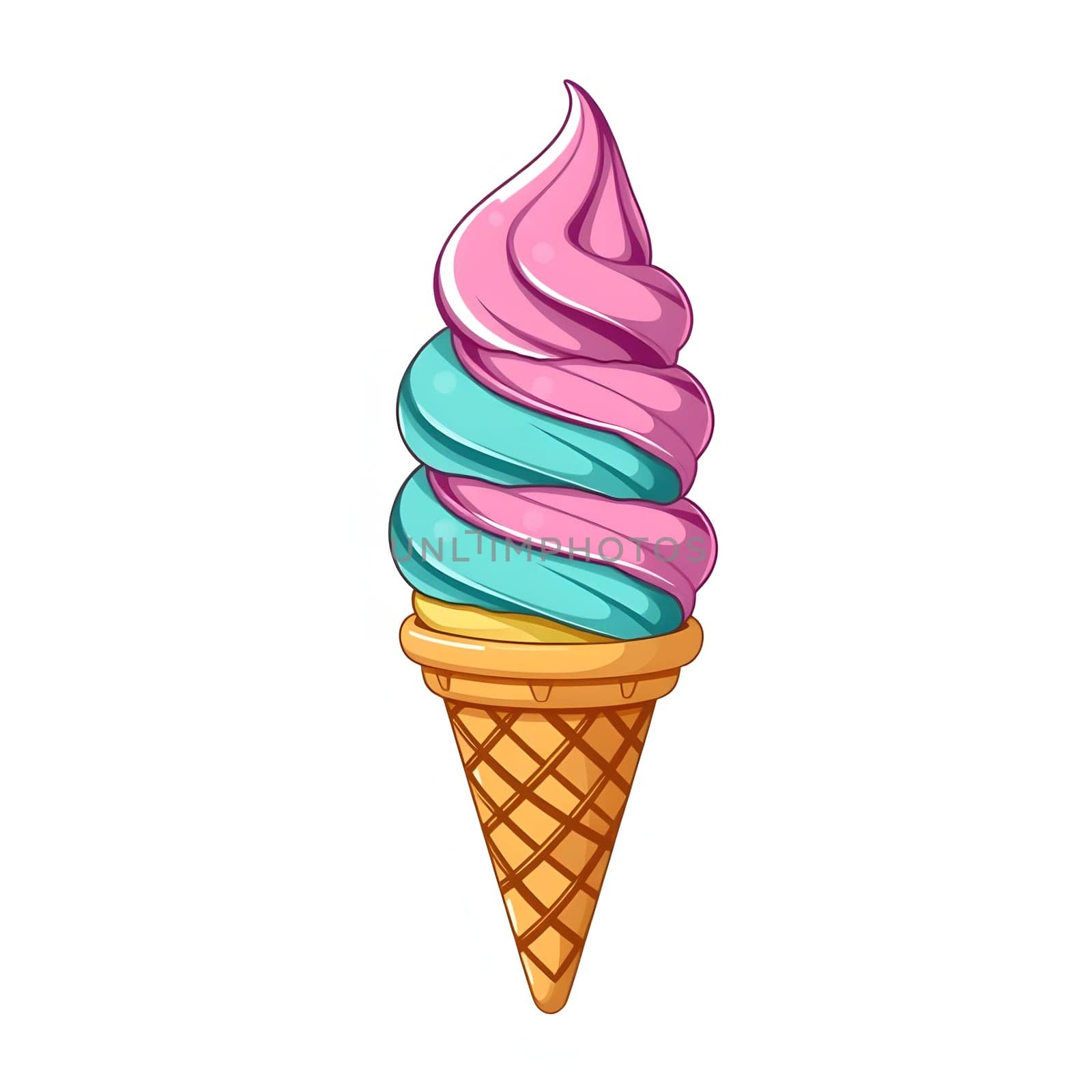 A delicious waffle cone filled with swirls of pink and blue soft serve ice cream stands ready to delight. Perfect for warm days and sweet cravings, it's an inviting summer treat.
