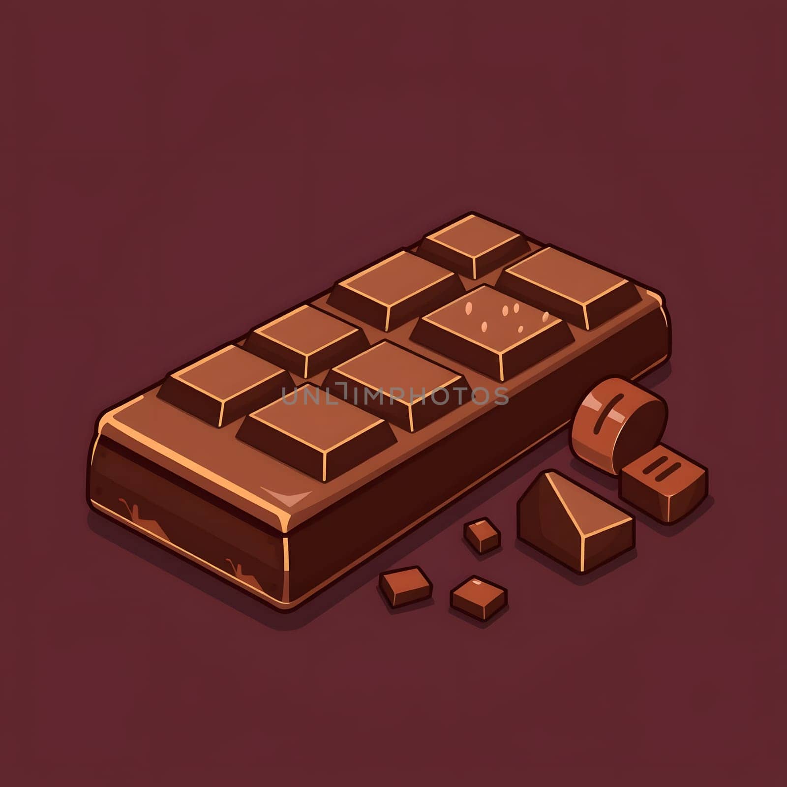 A chocolate bar rests against a deep brown background, with several pieces broken off beside it, showcasing a tempting treat perfect for a snack or dessert.