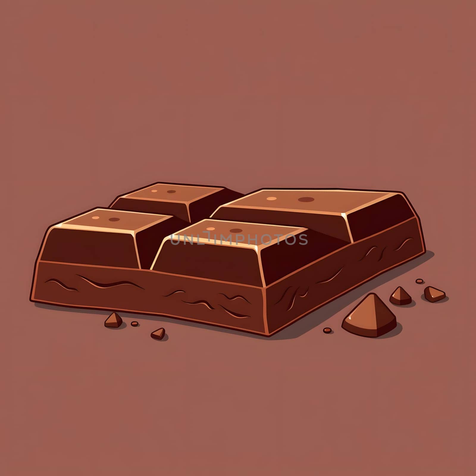 A rich dark chocolate bar sits on a warm brown surface, with a few chocolate crumbs scattered around. The smooth texture and deep color highlight its indulgent nature.