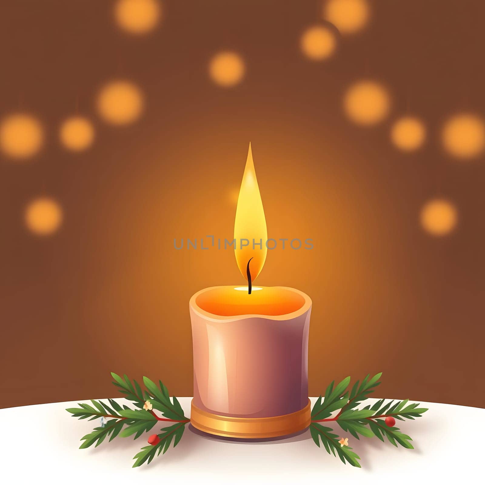 A single candle burns brightly, surrounded by evergreen branches. Soft lights glow in the background, creating a warm and inviting atmosphere for a winter gathering.
