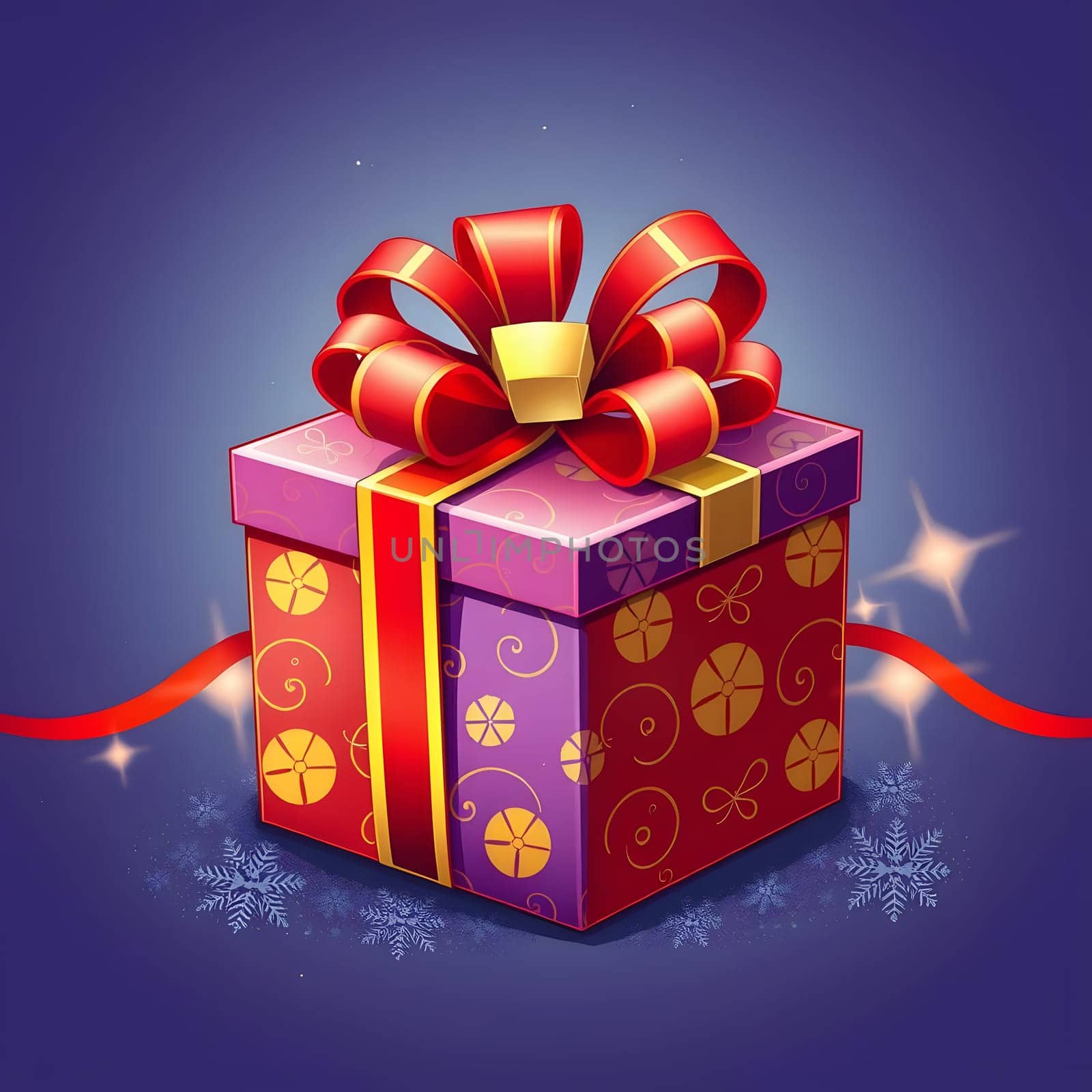 A vibrant gift box adorned with a large red ribbon and bow is centered in a starry background. The box features decorative patterns and reflects a festive, celebratory atmosphere.