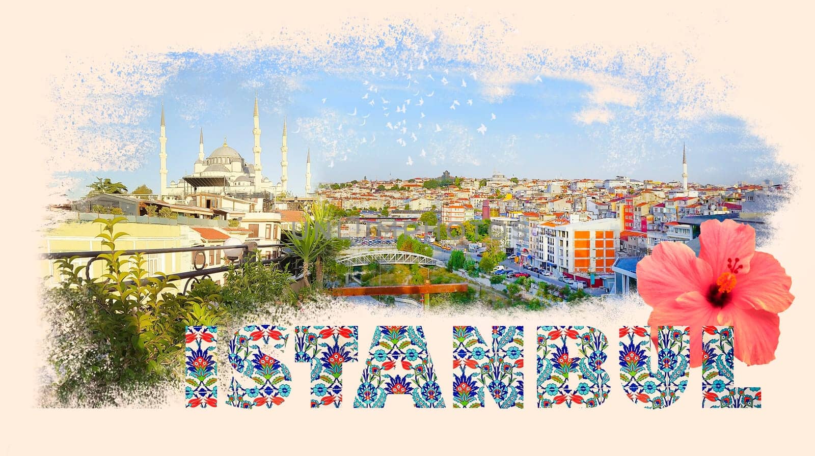Art collage or design about Istanbul at Turkey - travel and nature background - Street view in Sultanahmet. This is the most popular tourist place in Istanbul.
