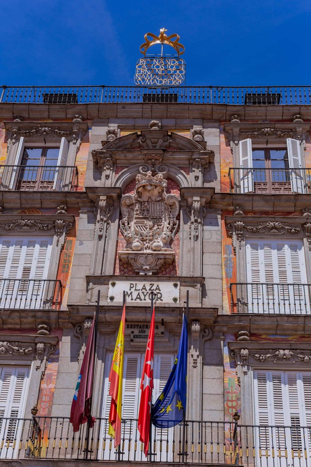 Madrid, Spain: - April 24, 2024: Arquitecture detail in Plaza Mayor, Built in the 1617. Famous Square in Madrid Spain.
