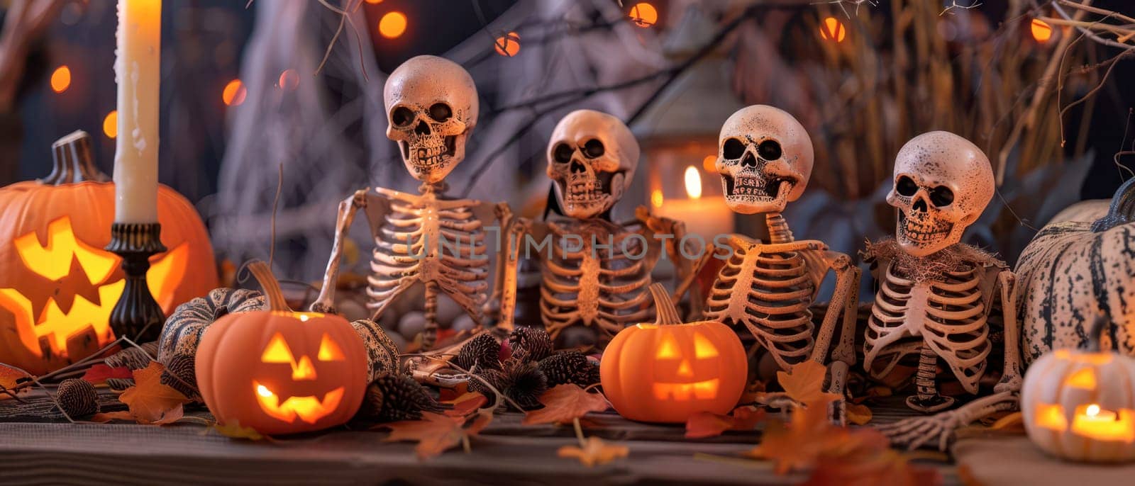 Four decorative skeletons are gathered around glowing jack-o'-lanterns on a table, surrounded by autumn leaves and spooky decorations, creating a festive Halloween atmosphere.