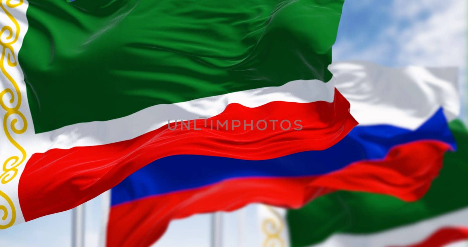 Flags of Chechnya and Russia waving in the wind on a clear day. Russian federal republic. 3d illustration render. Selective focus