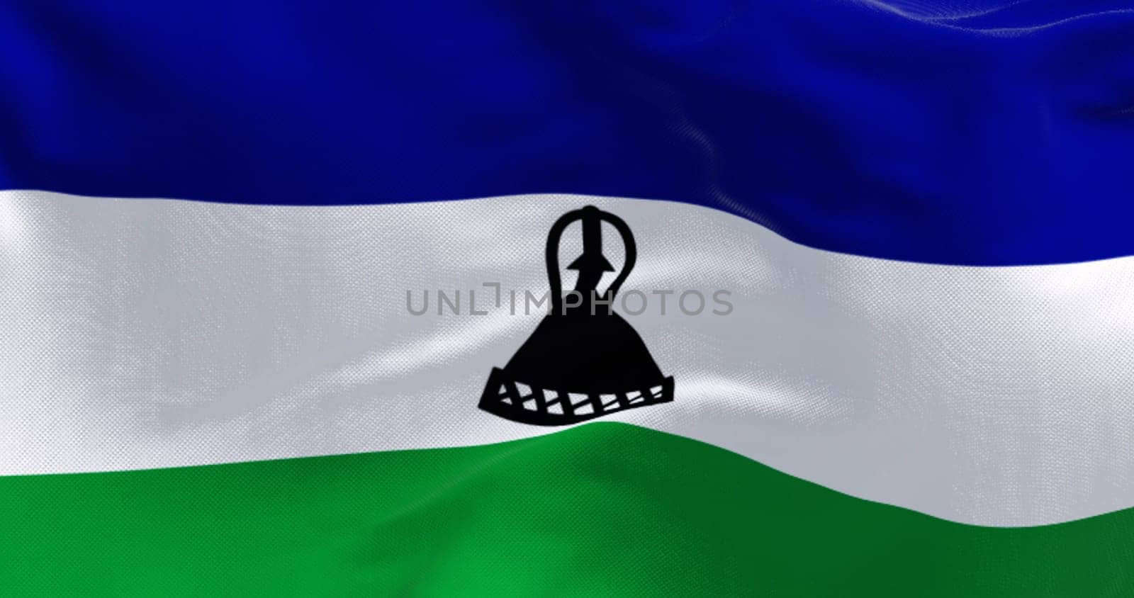 Close-up of National flag of Lesotho waving. Three horizontal bands of blue, white, and green with a black Basotho cap in the middle. 3d illustration render. Fluttering fabric background
