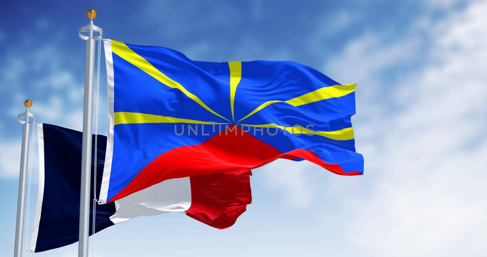 Reunion and national french flags waving on a clear day. Island in the Indian Ocean and overseas department and region of France. 3d illustration render. Selective focus