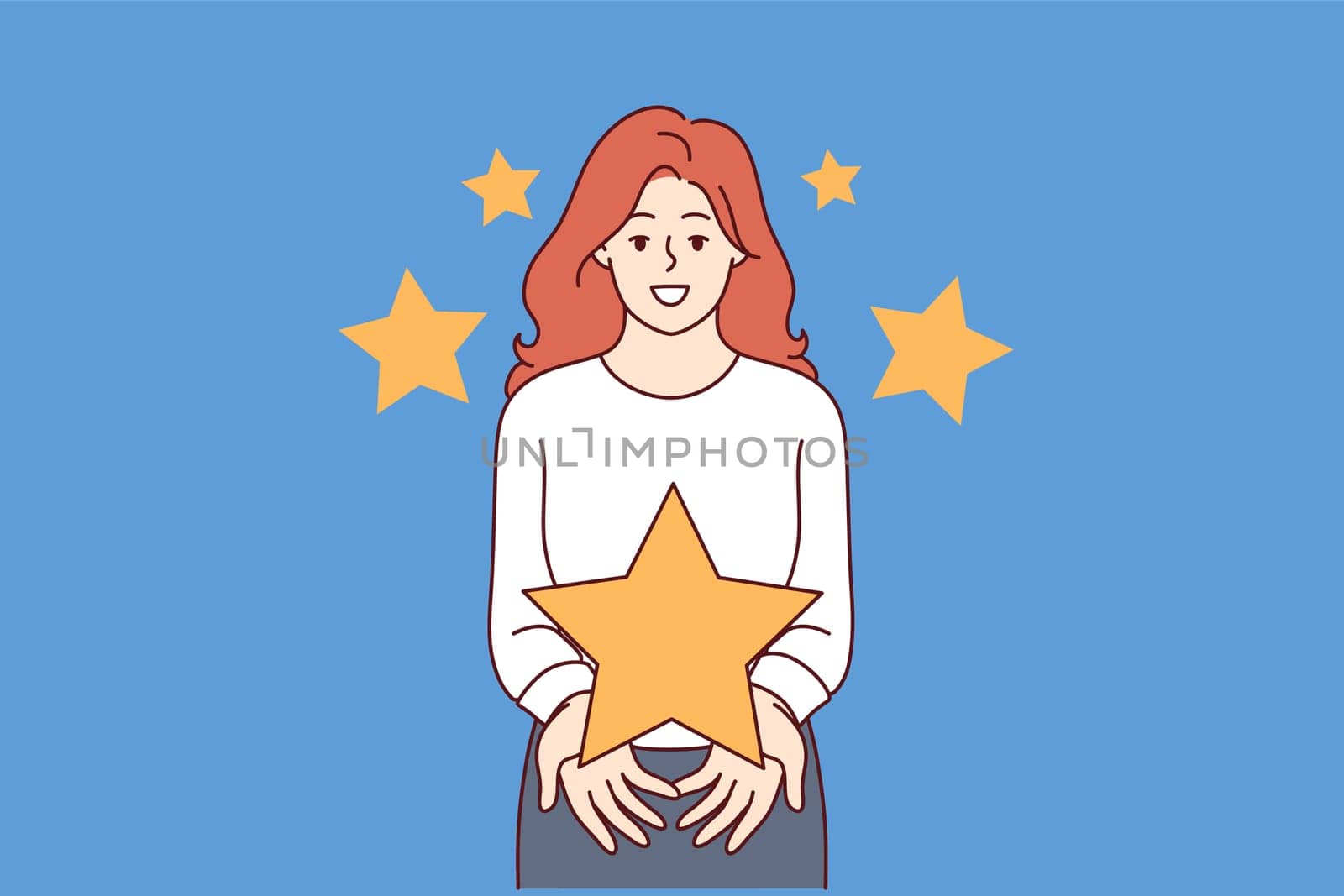 Feedback from woman showing large star, symbolizing high rating for quality product. Girl member of jury gives rating to speaker at television competition of talented people fighting for money