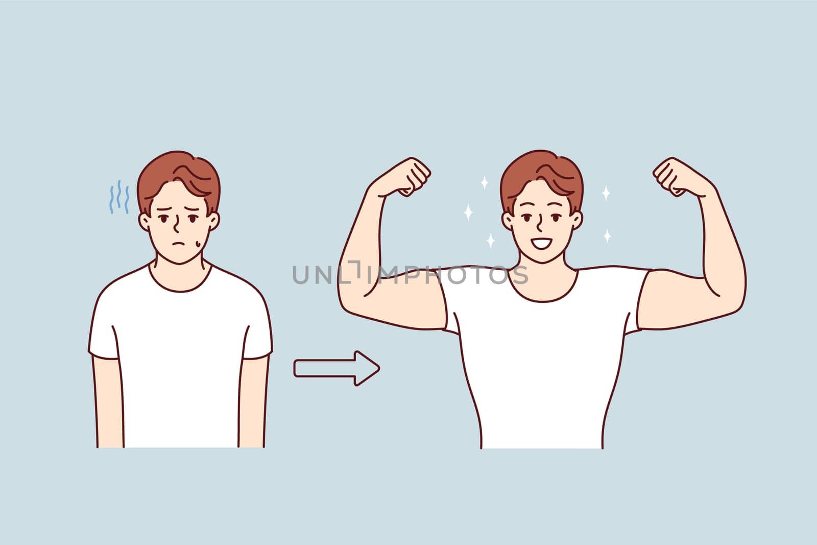 Muscular man shows off biceps, standing next to previous version of himself, rejoicing at successful transformation. Muscular guy achieves success in bodybuilding thanks to motivation and ambition