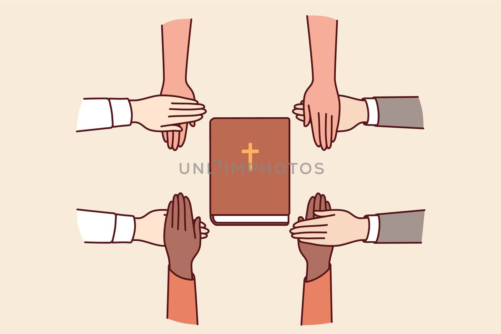 Hands of christians believers held bible, which allows them to commune with lord and learn prayers or gospel. Christians feel unity and cohesion through common faith and opportunity to go to church