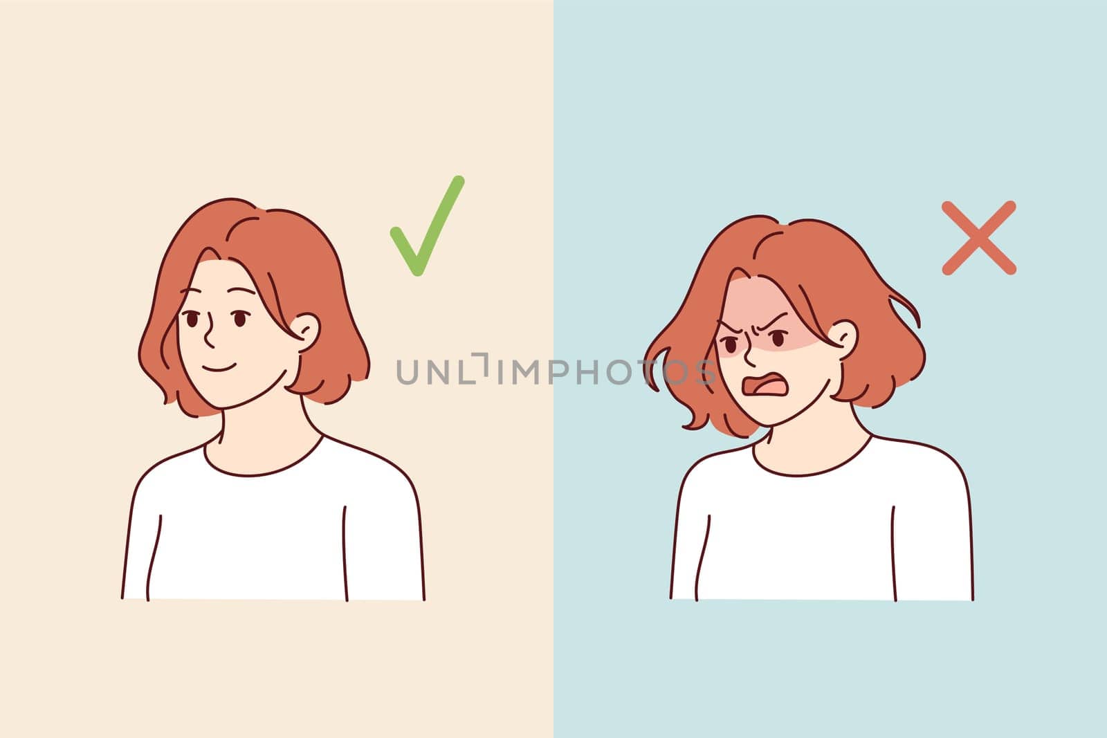 Woman with positive and negative grimace experiences sudden mood swings due to bipolar disorder. Problem of bipolar disorder in young girl who needs help of psychotherapist to restore mental health