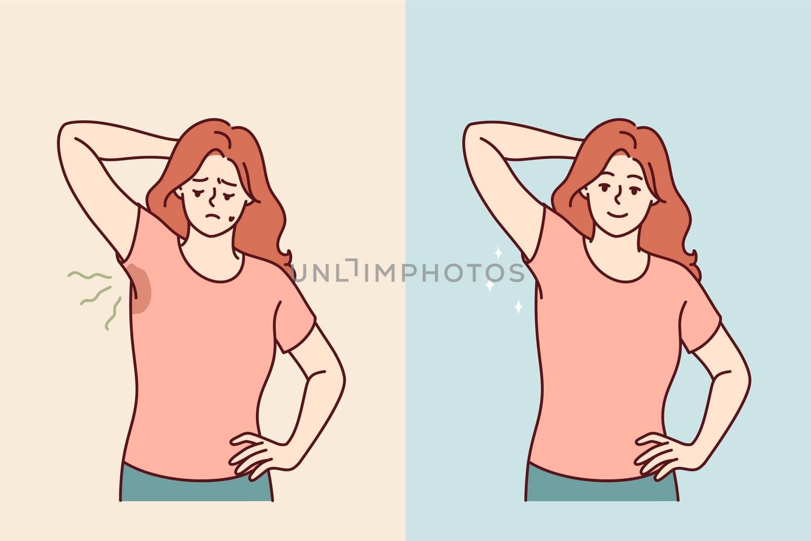 Woman with sweaty armpits rejoices after smell and stains on clothes disappear thanks to deodorant. Girl problem of sweaty armpits disappeared due to use of medications for excessive sweating