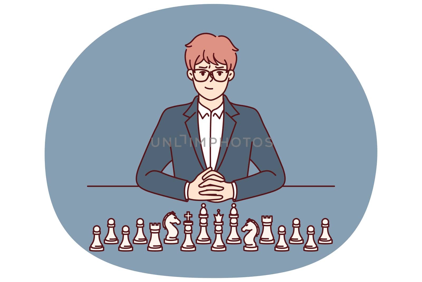 Businessman with chess pieces sits at table and looks at screen for concept of strategic planning in business. Man ceo of large corporation near chess symbolizing mind and strategic thinking