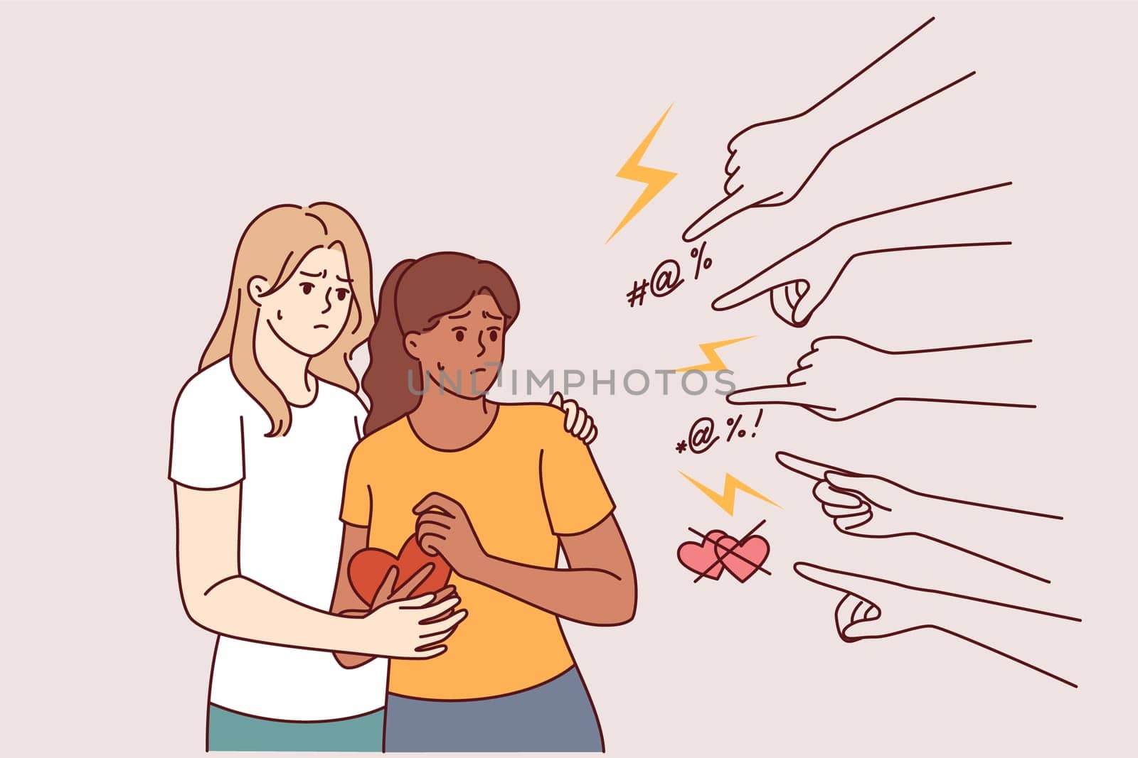Discrimination against LGBT couple of two lesbian women who need protection from hands of homophobia people. Problem homophobia in society and lack of promotion of tolerance towards non-binary couples