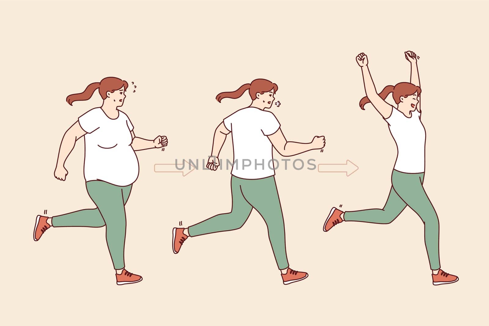 Process of losing weight of fat woman running and getting beautiful slender figure thanks to training. Fitness and fitness helps you lose weight and get rid of extra pounds or cilulite on legs