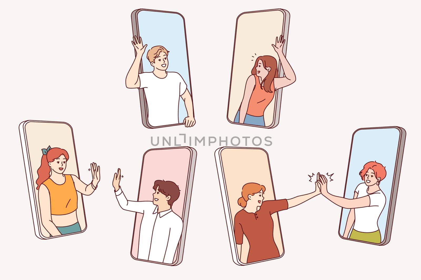 People on mobile phones wave hands in friendly manner and want to communicate and get to know each other. Concept chatting in phones and use of social networks to improve student relationships