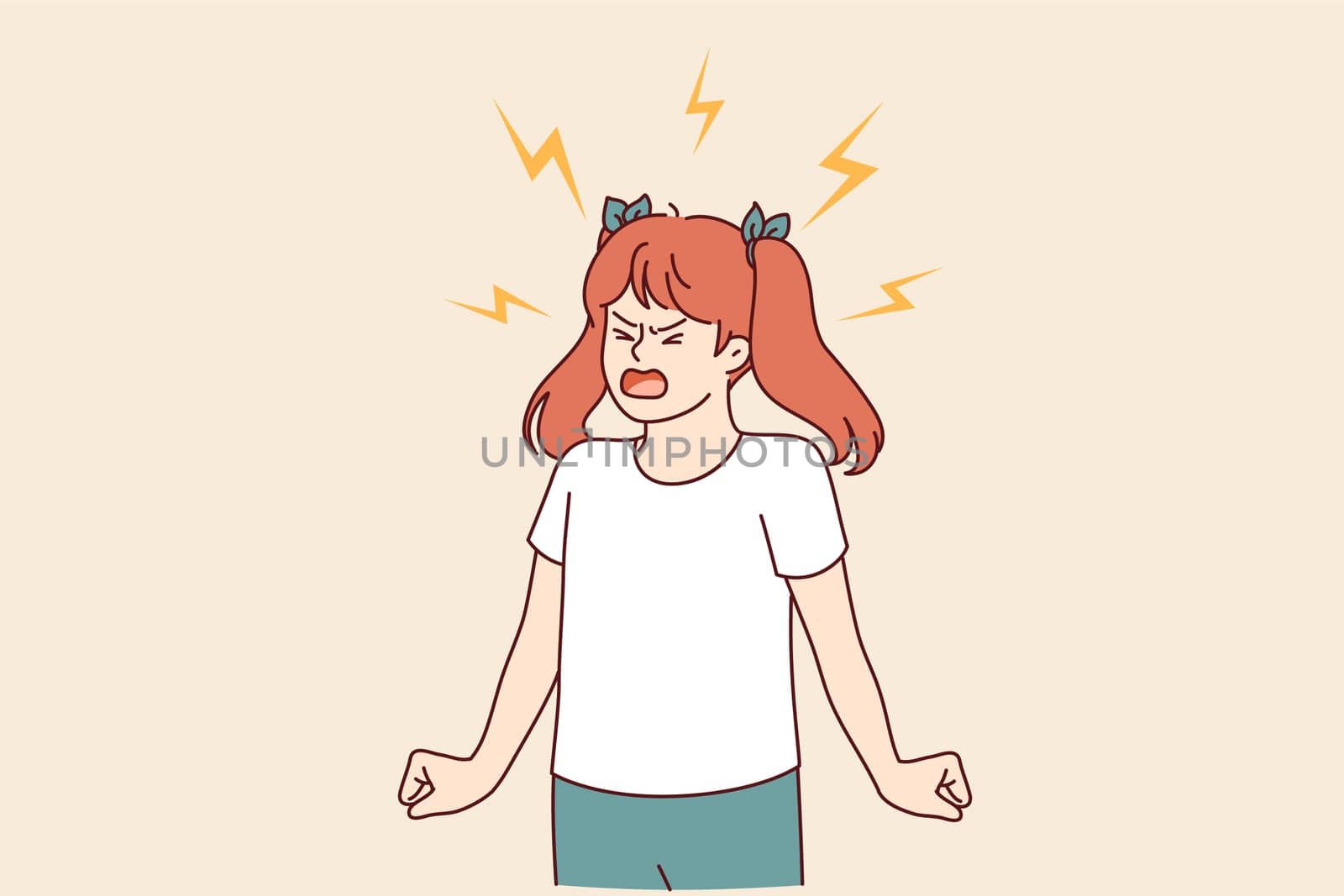 Angry teenage girl screams and throws hysteria due to harmfulness and psychological problems. Hysteria in child who feels lack of attention and parenting skills from bad parents who have forgotten