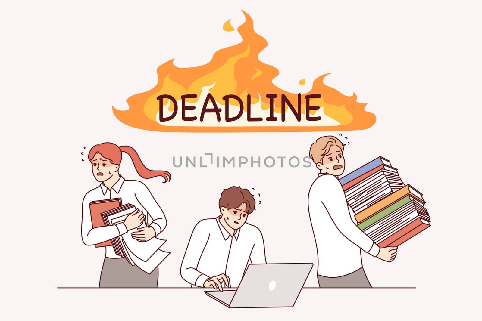 Deadline puts pressure on business people rushing to complete project using laptop or running around with papers. Problem impossible deadline and lack productivity causes stress among office workers