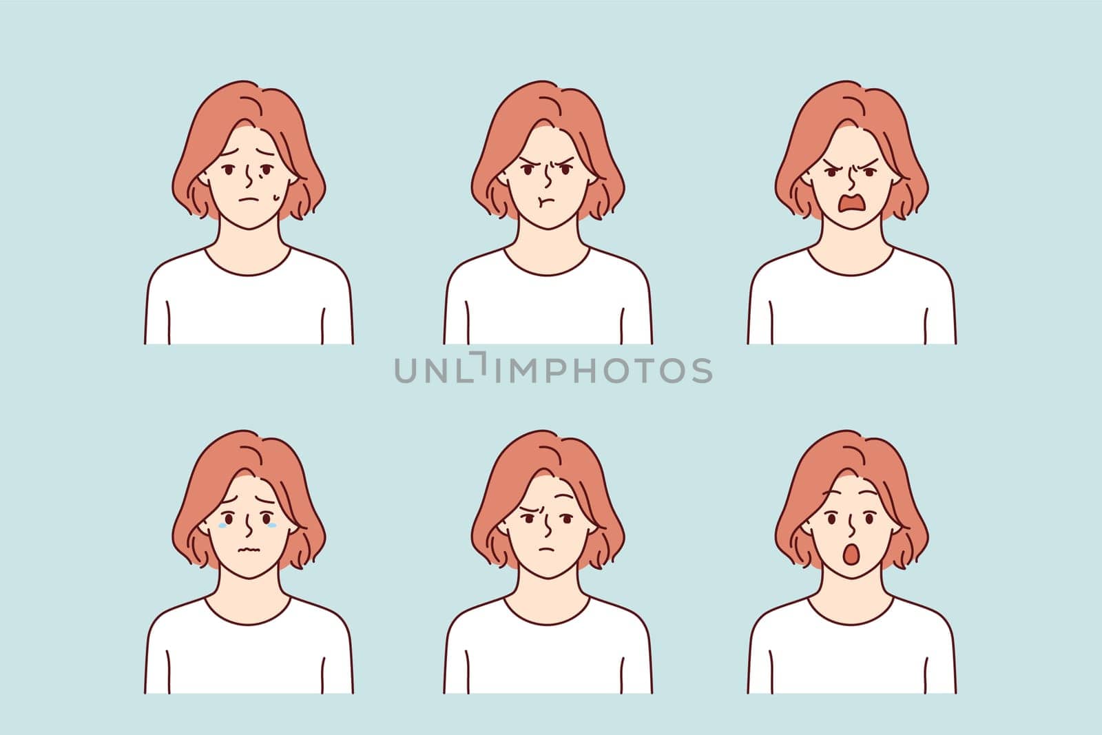 Negative woman shows different grimaces, experiencing mental crisis, after onset of dark streak in life. Set of portraits of negative girl in white t-shirt, with upset or angry and shocked face
