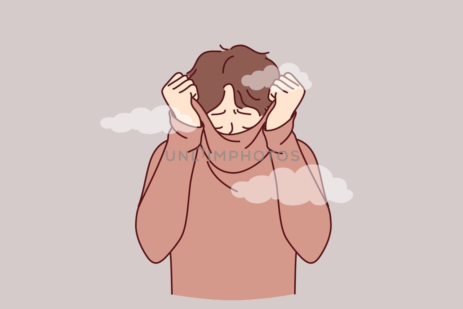 Depressed man hides face behind collar of sweater, feeling shame of actions. Upset guy covers head with shame, trying to hide from others and public censure, causing stress and depression