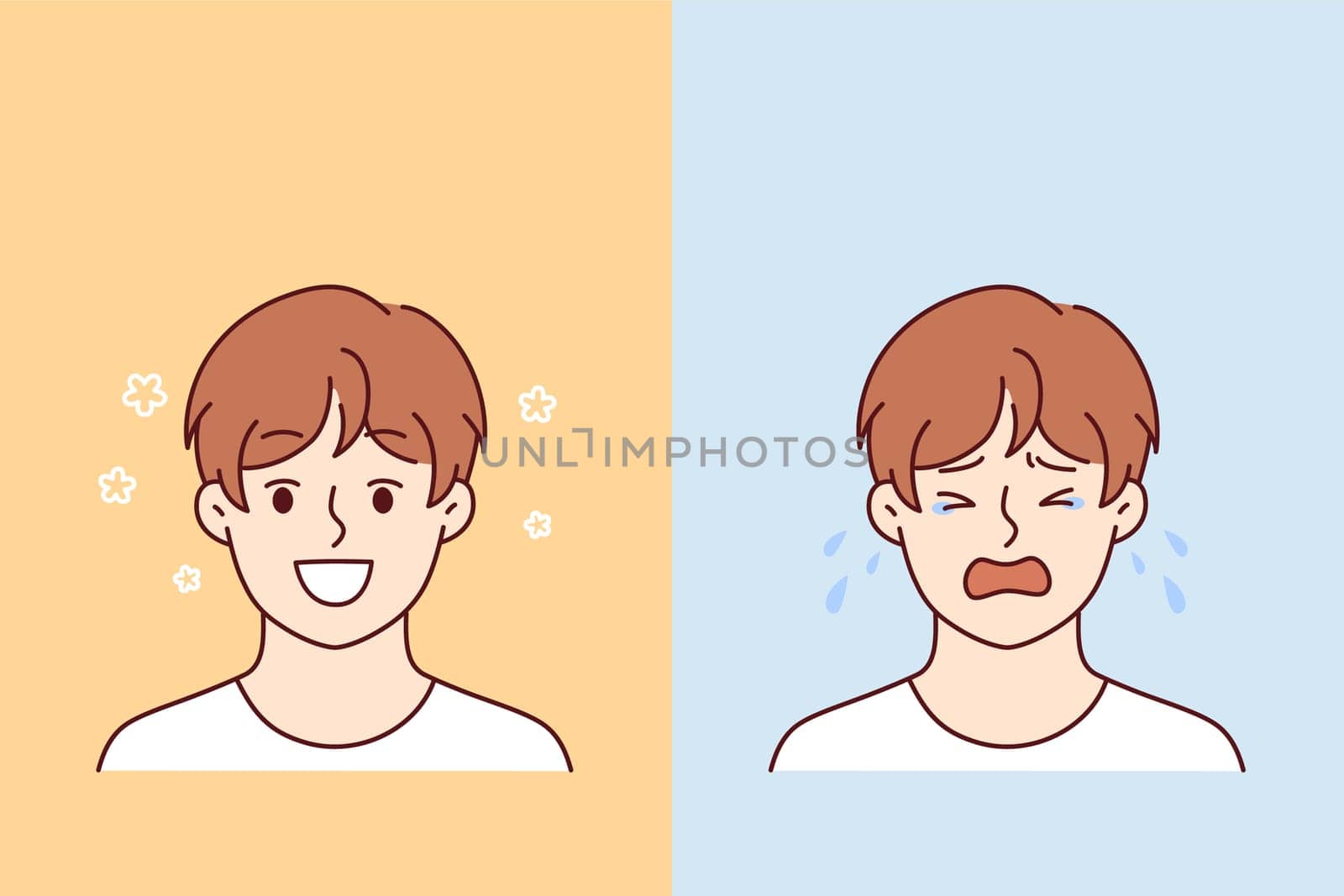 Little boy smiles and begins to cry due to fatigue or problems with socialization. Psychological and bipolar disorder in pre-teen child is caused by lack of conditions for raising children