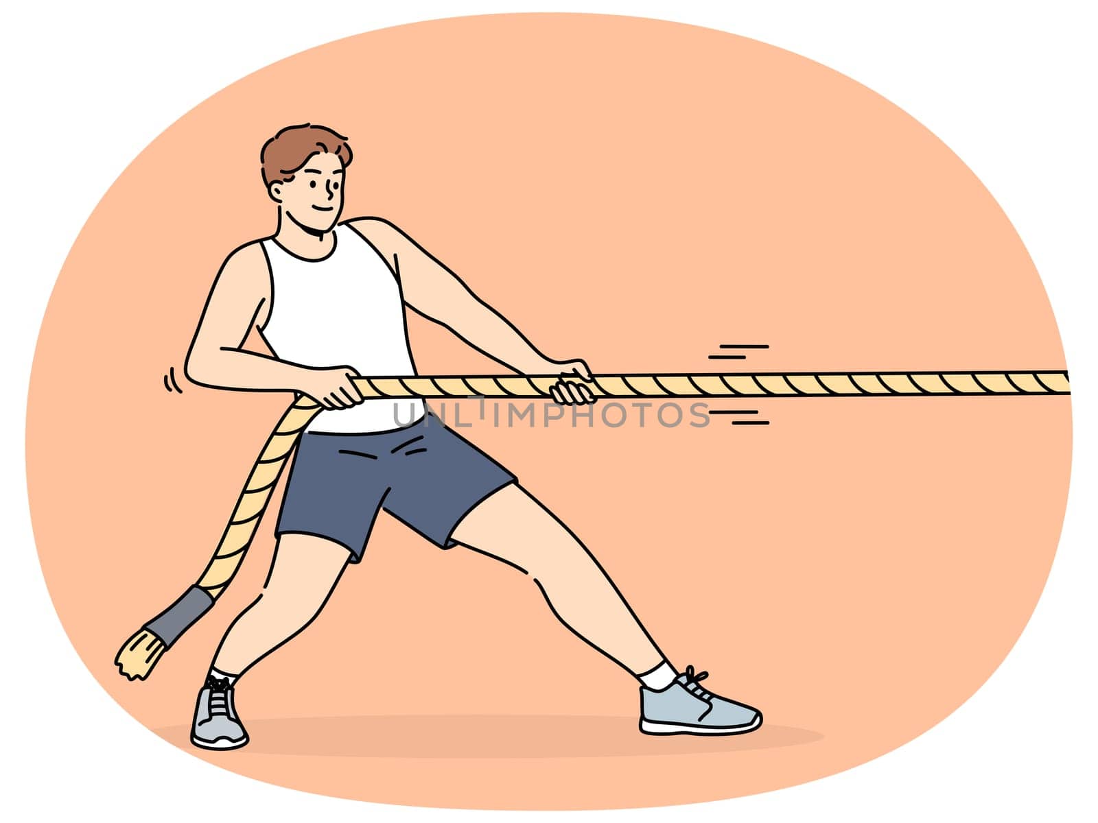 Strong man pulls rope while participating in sports competitions with rivals or training in fitness club. Strongman pulls rope alone, wanting to win tournament and get prize cup or medal.