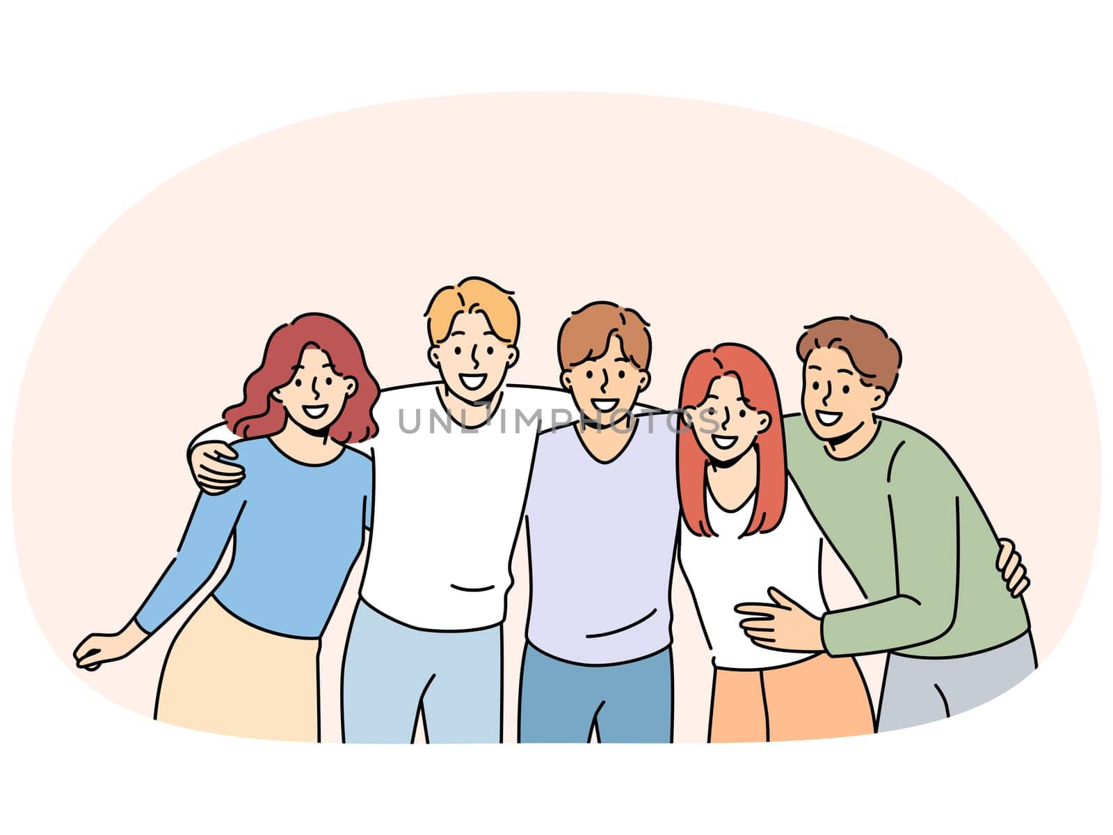 Group of teenagers high school students hug and laugh, enjoy being friends with peers and classmates. Team of happy teenagers looking at screen for advertising educational services