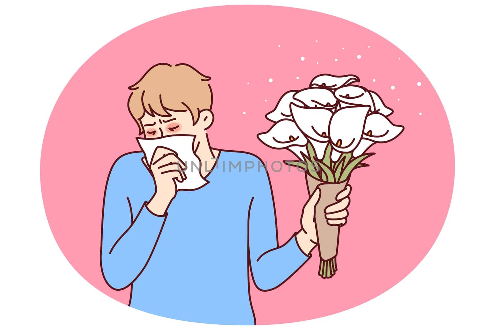 Allergic man holding bouquet flowers and using handkerchief suffering from pollen in need of allergy medicine. Everyday guy allergic with lilies wanting to make romantic gift suffers from runny nose