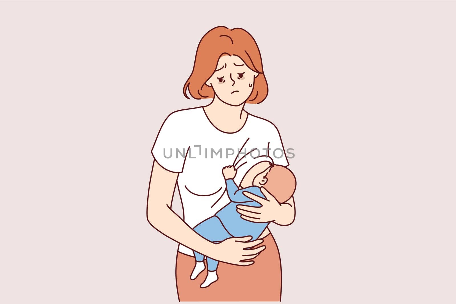 Postnatal depression in frustrated mother who is breastfeeding and forced to raise child alone. Problem of postpartum depression and lack of social programs for women who gave birth at early age