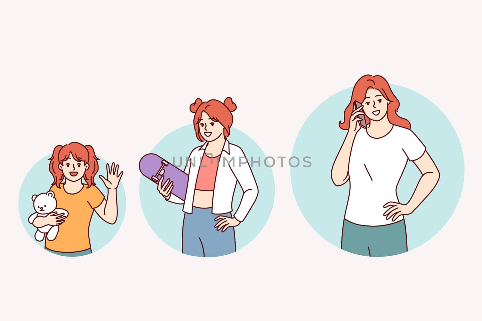 Female life cycle with little girl growing into teenager and adult human. Process of growing up and stages of growth in life cycle of mature lady talking on phone and arranging date