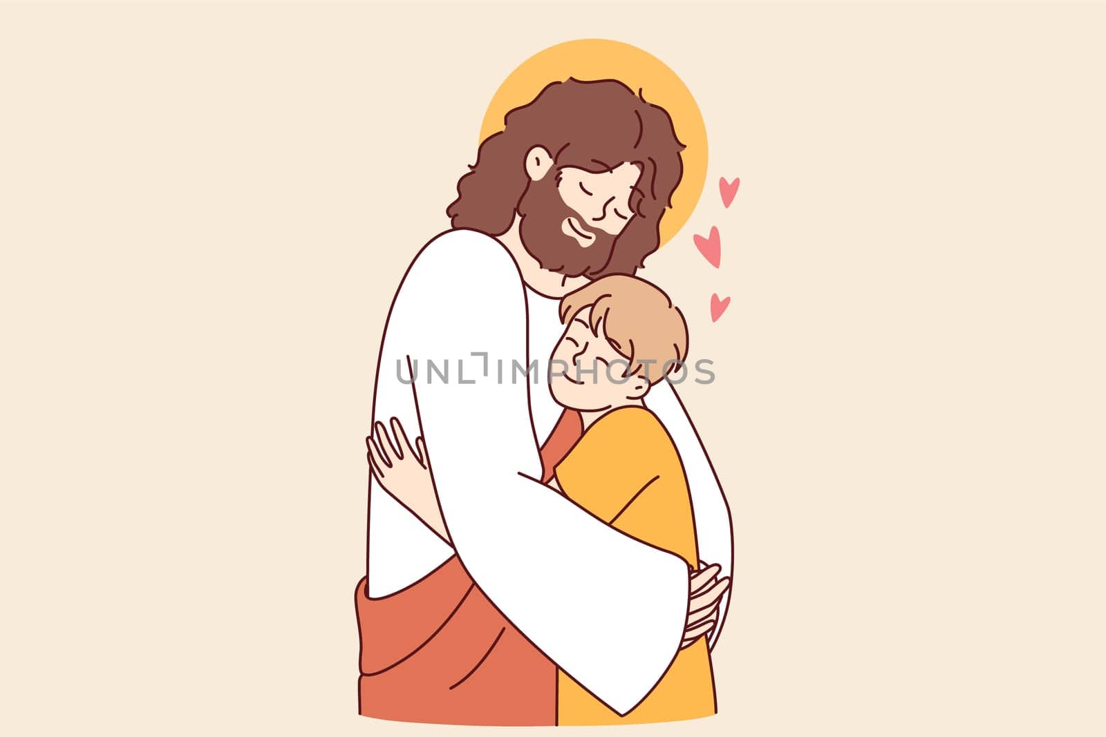 Jesus christ hugs child, demonstrating example of love and care for one neighbor for christian believers. Jesus saves little boy from loneliness and protects from harmful influence of world around him