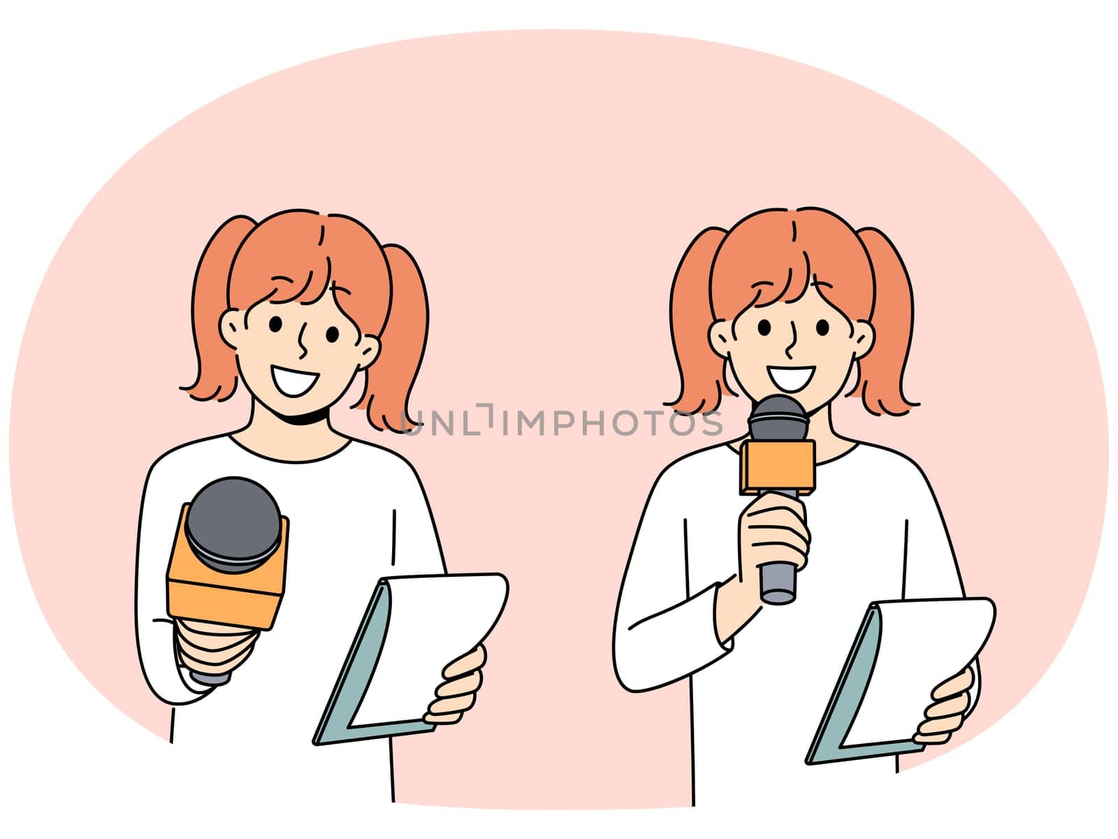 Little girl reporter with microphone smiling participating in shooting of educational TV show for children. Schoolgirl dreams of becoming reporter and working for television to interview celebrities.