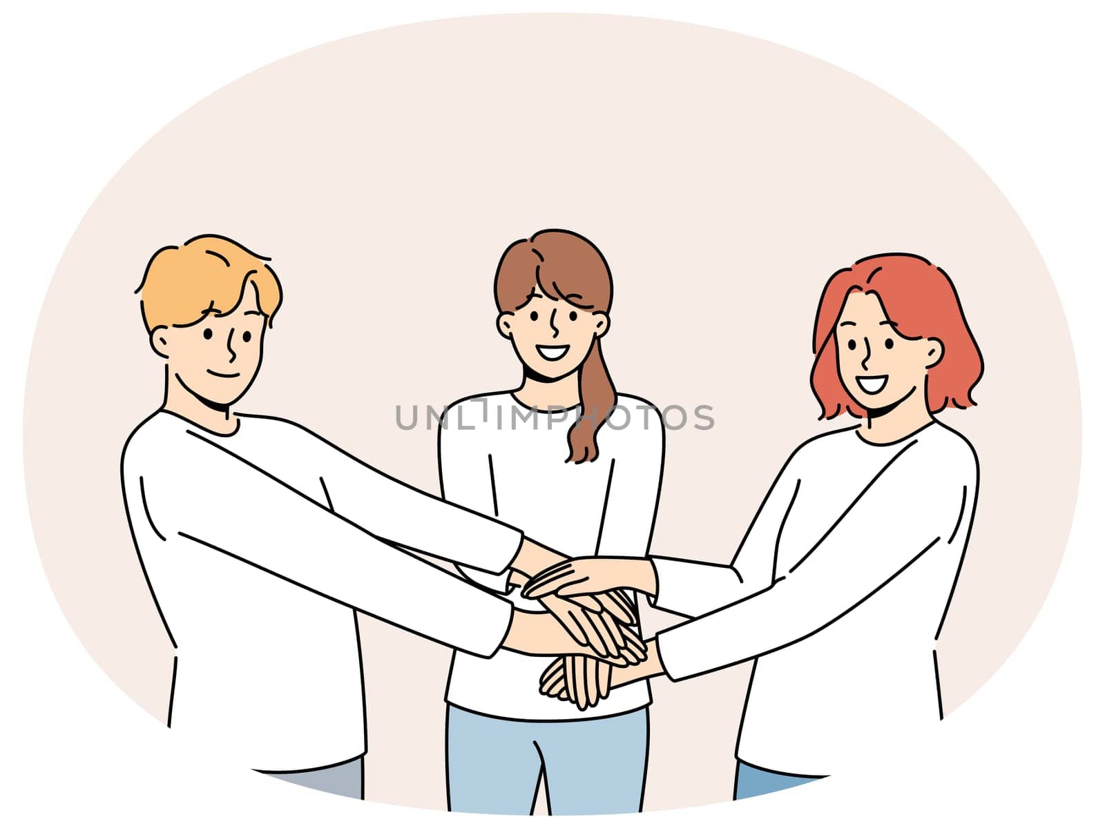 Friendly team of people holding hands demonstrate cohesion and unity, wanting to achieve goals together. Team of young guy and two girls carrying out volunteer or charitable activities