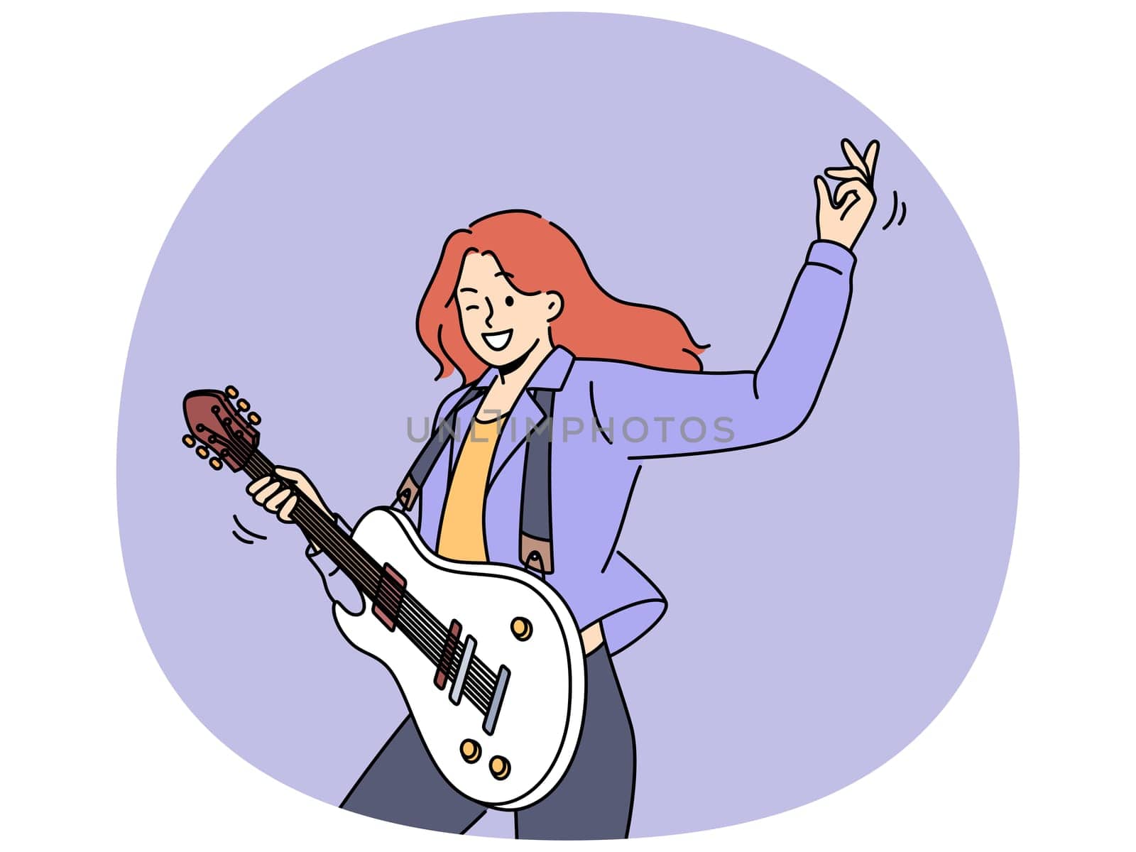 Woman with guitar plays rock music at concert and enjoys creative hobby and winks looking at screen
