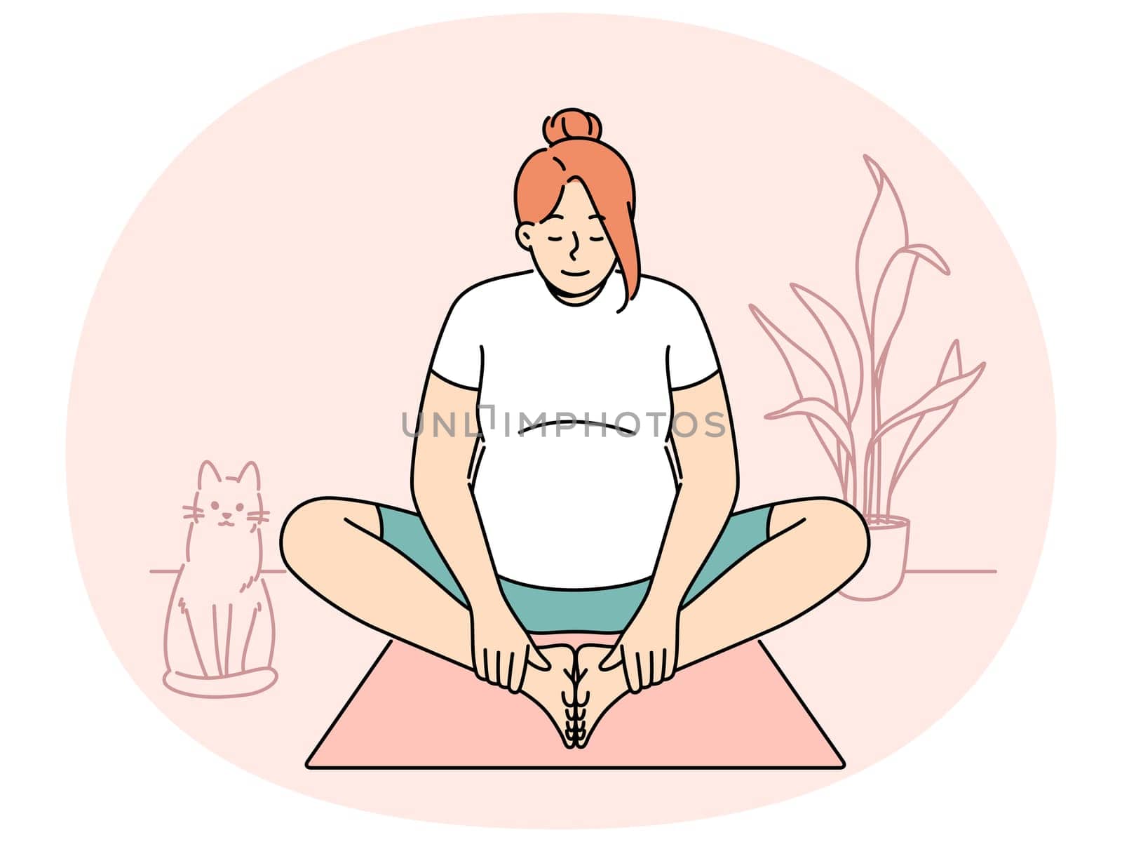 Pregnant woman making morning exercises sitting on fitness mats and getting ready for meditative practices from yoga. Pregnant girl is at home and stretches doing yoga for expectant mothers