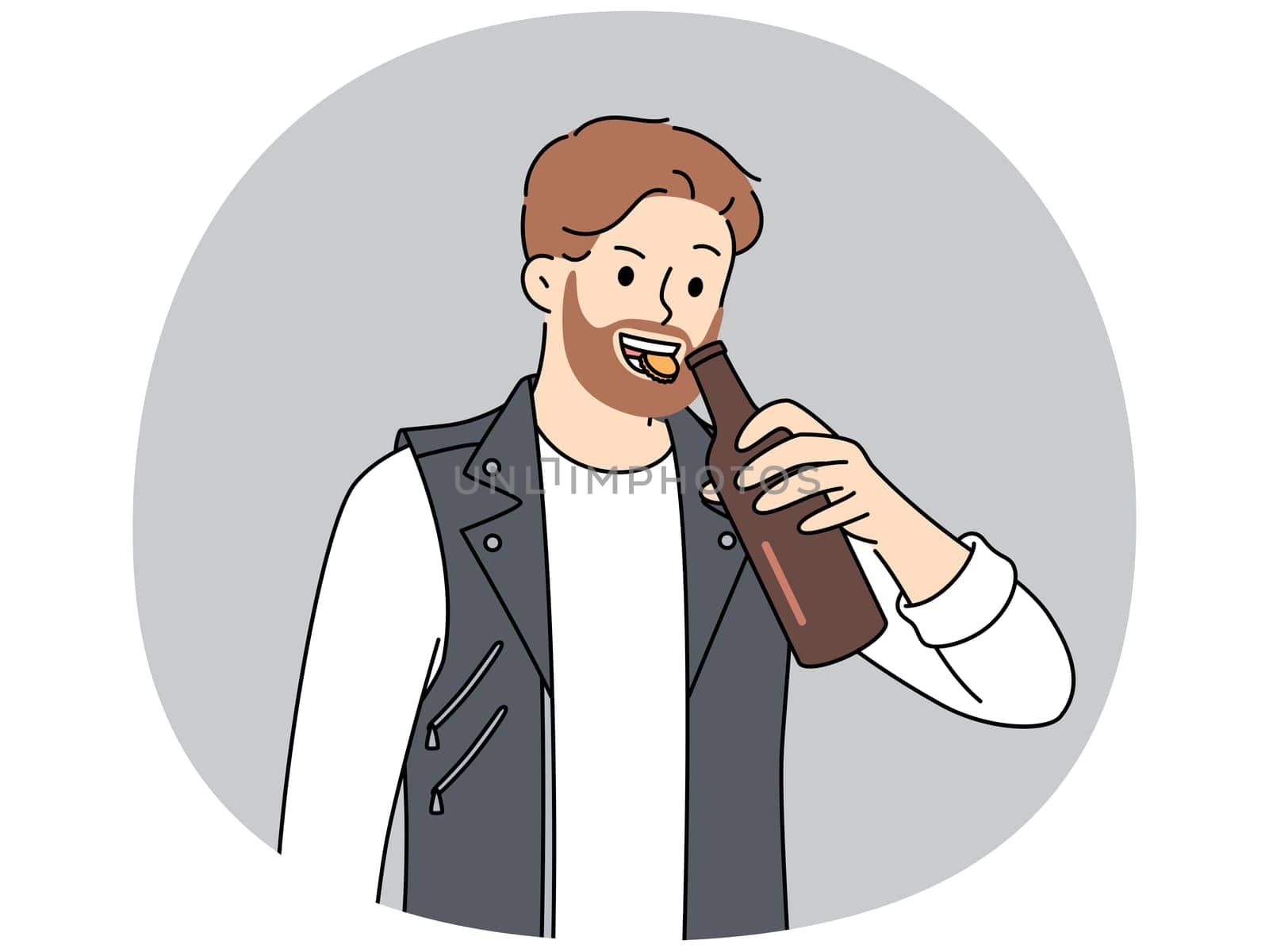 Brutal man opens bottle of beer with teeth and smiles, suffering from alcohol addiction. Young bearded guy in leather vest drinks beer enjoying taste of refreshing intoxicating drink
