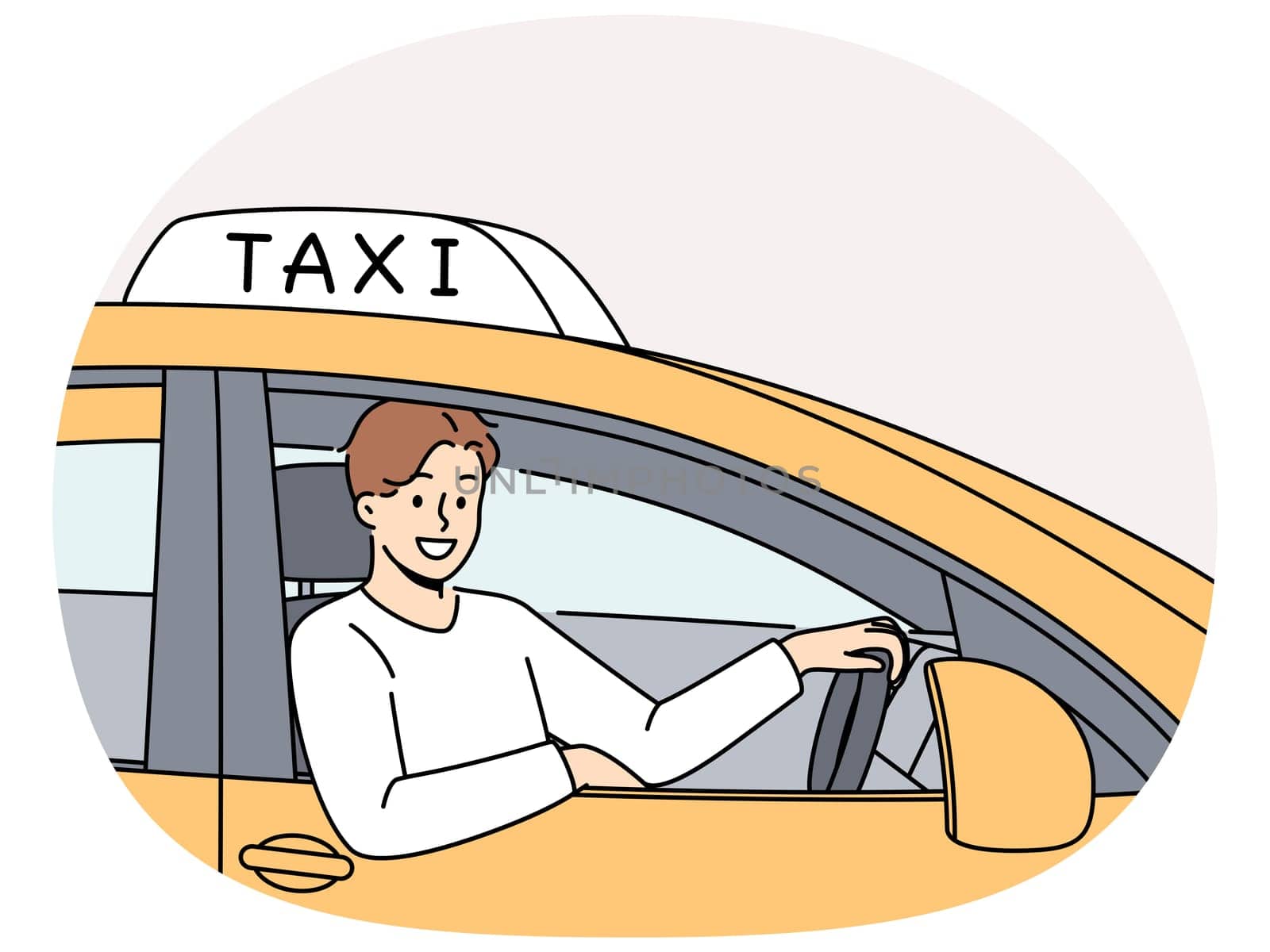 Man sits behind wheel of TAXI car and looks out window making career as public transport driver. Positive young guy TAXI driver looks at screen offering to get home quickly and safely