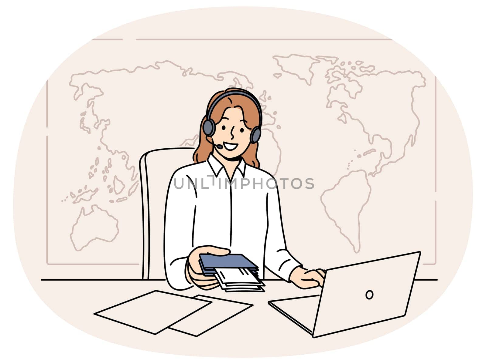 Woman manager of travel agency sits at office desk and holds passport with visas and plane tickets. Tour operator company representative in headphones near giant map of world helps to travel