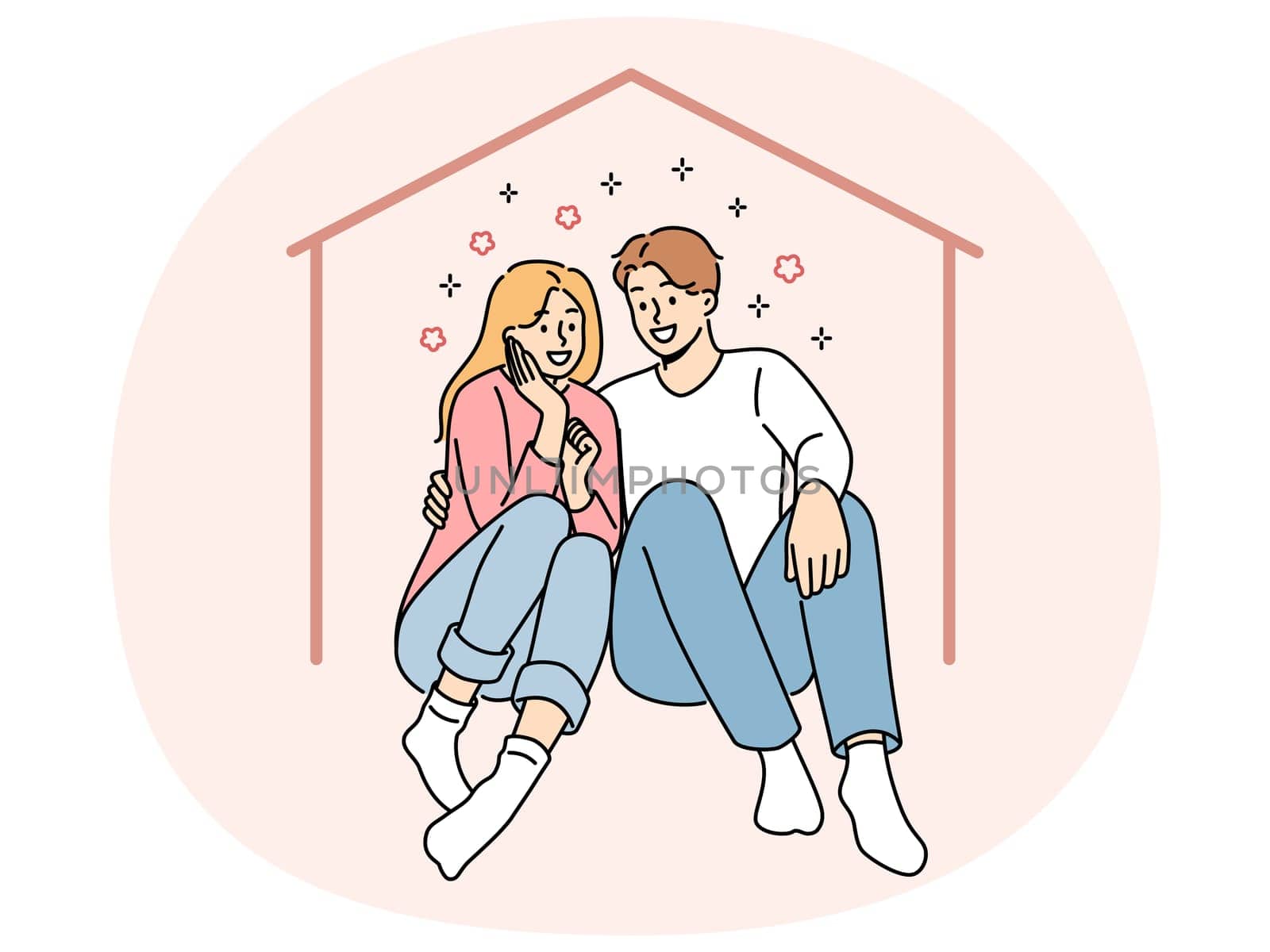 Happy couple sits in imaginary house dreaming of mortgage and buying own property or renting large apartment. Man and woman hugging inside house, using services of real estate insurance