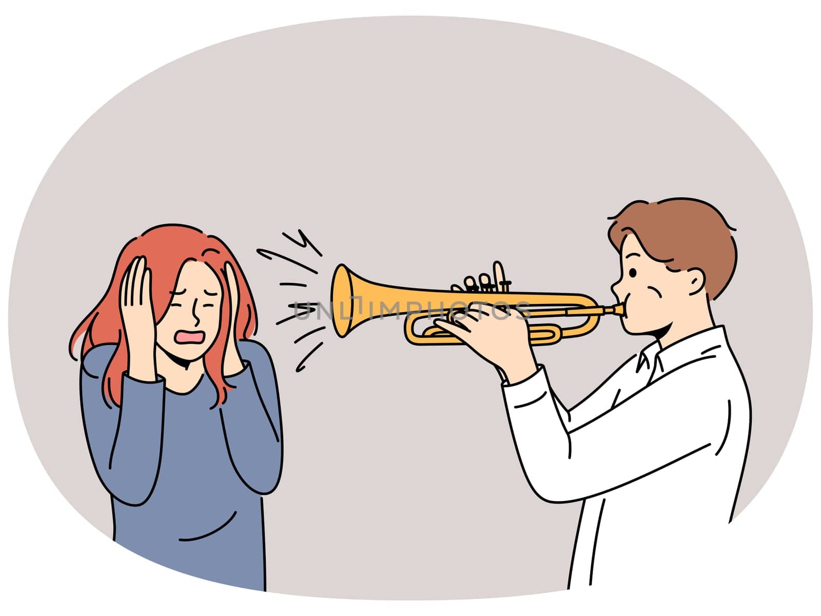 Man plays trumpet near woman covering ears, for concept trumpeter lack musical talent. Guy who wants to become professional musician learns to play compositions on trumpet and interferes with others