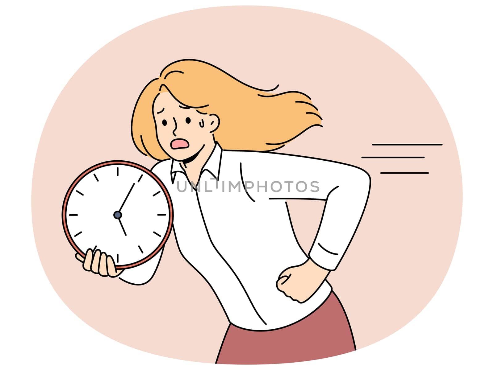 Running woman is holding clock and is nervous trying to comply with deadlines and complete work on time. Business woman making career as manager is in hurry to not be late and meet deadlines.