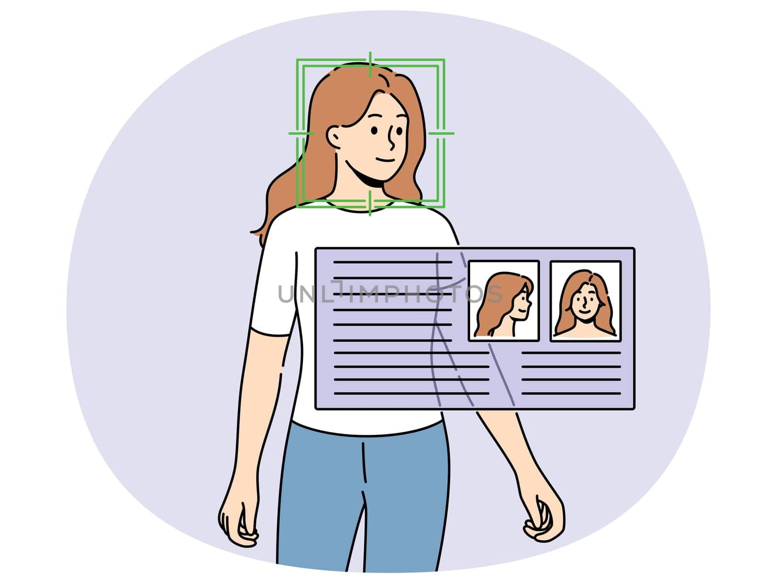 Questionnaire near woman with circled face symbolizes facial recognition using video surveillance with artificial intelligence. Technology of tracking people through video surveillance system with AI