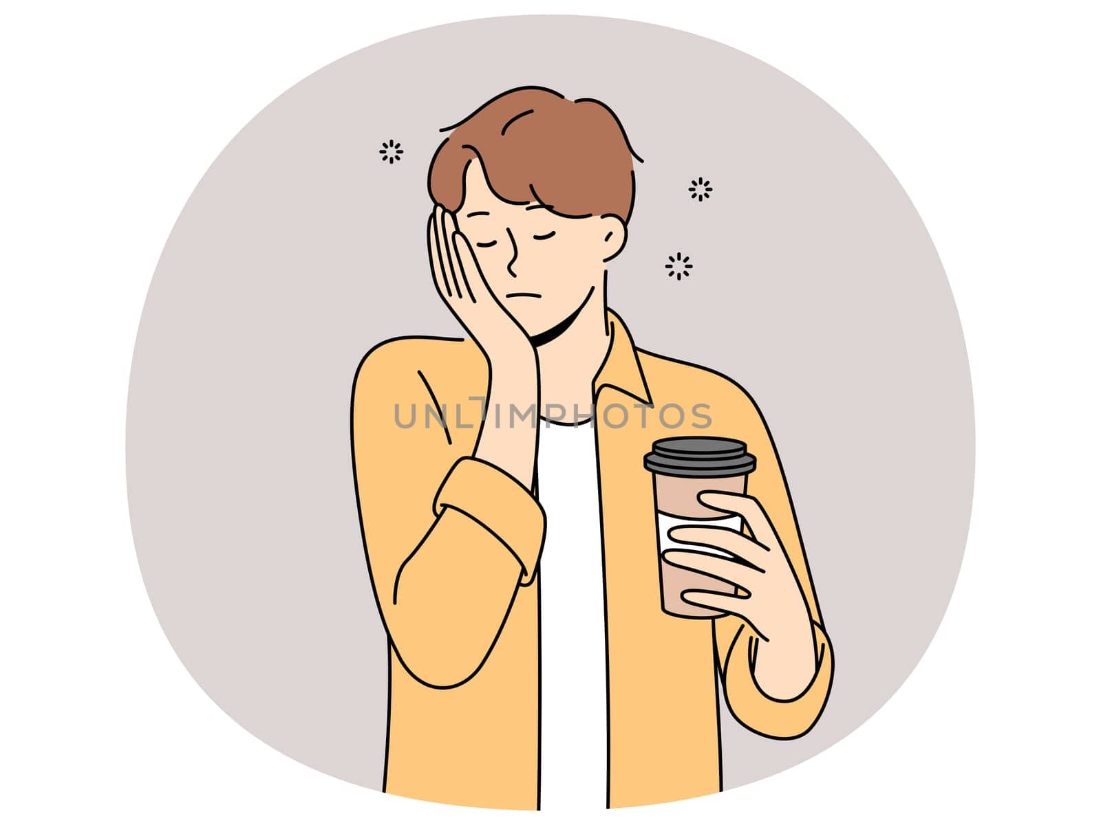 Sleepy man with disposable cup of coffee feels exhausted and lacks strength due to lack of sleep. Guy sleeps on go and tries to cheer up with takeaway coffee with high content of caffeine and taurine