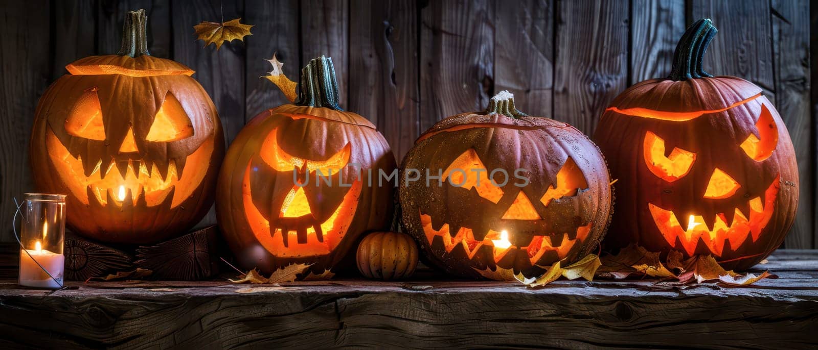Four creatively carved pumpkins sit on a rustic wooden table, illuminated from within as they glow in the darkness. Autumn leaves surround them, enhancing the Halloween atmosphere.