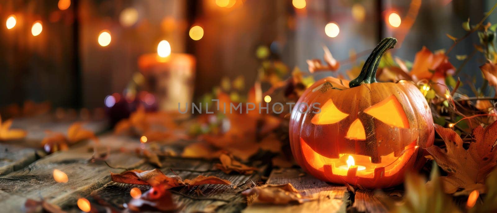A carved pumpkin with a glowing face sits among colorful autumn leaves and candles, creating a warm and inviting atmosphere for Halloween celebrations at night.
