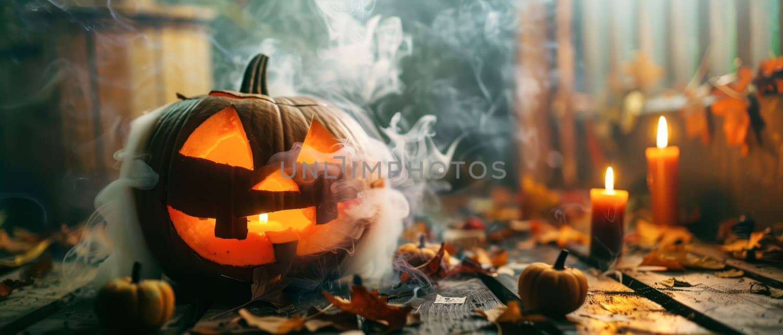 A carved jack-o'-lantern with a mischievous expression illuminates a wooden table surrounded by autumn leaves and lit candles, creating a festive Halloween atmosphere during twilight.