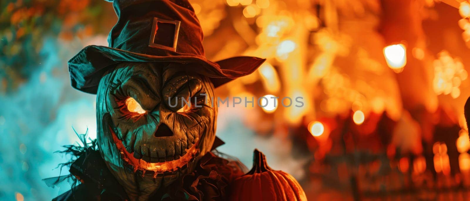 A hauntingly designed figure stands surrounded by glowing orange and blue lights, with a sinister grin, wearing a witchs hat and holding a pumpkin, presenting a perfect Halloween atmosphere.