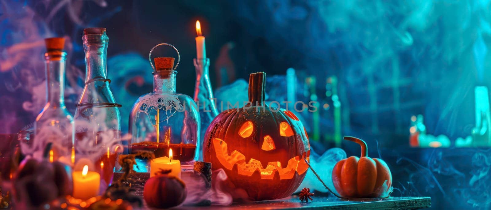 A carved pumpkin with a mischievous grin sits among glowing candles and eerie glass bottles. The scene is illuminated by a mystical blue light, enhancing the Halloween ambiance.